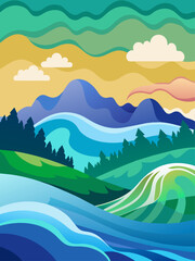 Fototapeta na wymiar Waves vector landscape background featuring a tranquil beach scene with gentle waves rolling onto the shore.