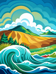 Fototapeta na wymiar Waves vector landscape background with a gradient color scheme.