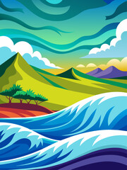 Fototapeta na wymiar Vivid vector waves crashing against a serene shoreline in a vibrant landscape.