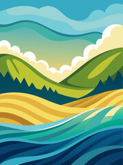 Fototapeta na wymiar Waves vector landscape background depicting a tranquil ocean scene with rolling waves and a serene horizon.