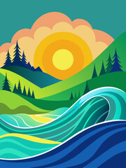 Breathtaking wave vector landscape background with vibrant colors and dynamic curves.