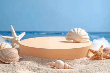 Obraz na płótnie Canvas Empty round beige platform podium with sea shells and starfish on white beach sand background. Minimal creative composition background for cosmetics or products presentation. generative ai.