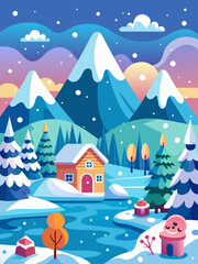 Obraz na płótnie Canvas Vector illustration of a winter landscape with cute houses and trees covered in snow.