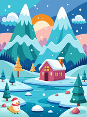 Obraz na płótnie Canvas Vector illustration of a winter landscape with cute houses and trees covered in snow.