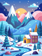 Fototapeta na wymiar A cozy winter scene with adorable animals frolicking in a snowy landscape.