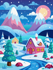 Fototapeta na wymiar A cute winter vector landscape background with a snowy field, trees, and a house.