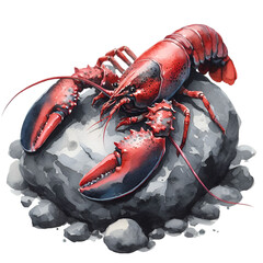 A red lobster stands alone on a rock.