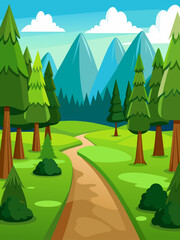 Tranquil woodland scene with vibrant hues of green, majestic trees, and a winding path leading into the depths of the forest.