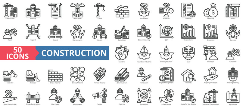 Construction icon collection set. Containing building, project, skyscraper, crane, build, equipment, prepared icon. Simple line vector