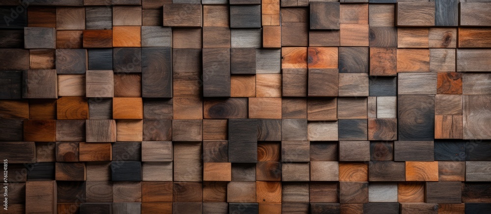 Poster close up of a brown hardwood wall comprised of rectangular wooden squares, creating a unique and int