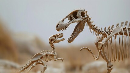 an illustration showing two skeletons of a mother dinosaur and a baby dinosaur looking at each other on blurred background  - obrazy, fototapety, plakaty