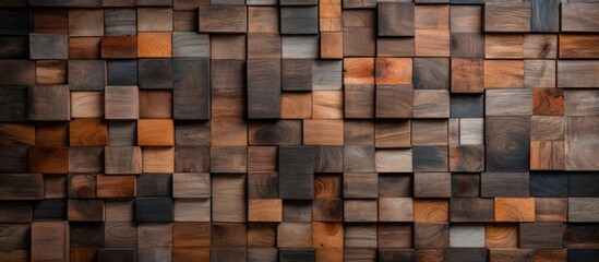 Close up of a brown hardwood wall comprised of rectangular wooden squares, creating a unique and intricate pattern. The wood stain enhances the natural beauty of the building material
