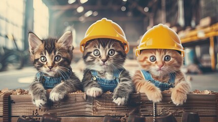 Adorable kittens dressed as construction workers, cute animal fashion, feline cosplay concept illustration