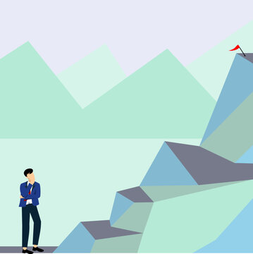 vector image of a person wearing a suit looking at a mountain peak as a distant destination suitable for presentations