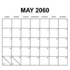 may 2060. monthly calendar design. week starts on sunday. printable, simple, and clean vector design isolated on white background.