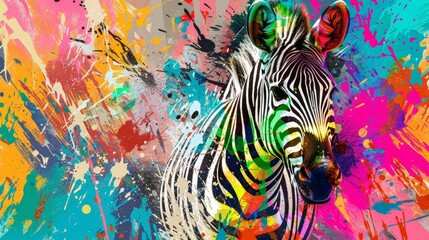 Colorful abstract zebra art, vibrant stripes against splattered paint background, expressive digital illustration