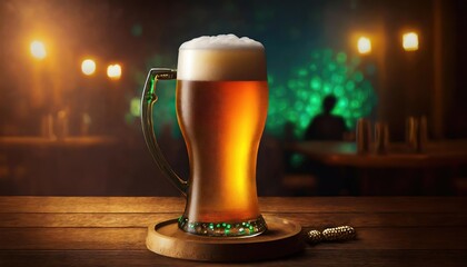 Frothy Beer Mug on Bar Counter with Bokeh Background