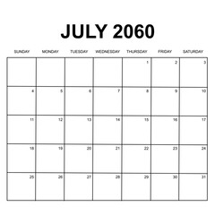 july 2060. monthly calendar design. week starts on sunday. printable, simple, and clean vector design isolated on white background. - obrazy, fototapety, plakaty