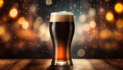 Frosty Glass of Dark Beer with Bokeh Background