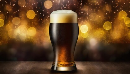 Dark Beer Glass with Frothy Head Against Bokeh Background - obrazy, fototapety, plakaty