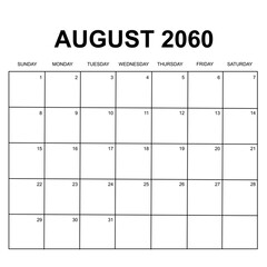 august 2060. monthly calendar design. week starts on sunday. printable, simple, and clean vector design isolated on white background.