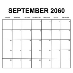 september 2060. monthly calendar design. week starts on sunday. printable, simple, and clean vector design isolated on white background.
