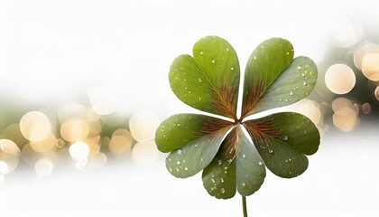 Lucky Four-Leaf Clover with Dew Drops on Ethereal Background