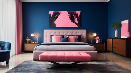 Stylish Bedroom with Navy Blue and Pink Walls, Tufted Bed, and Modern Abstract Art