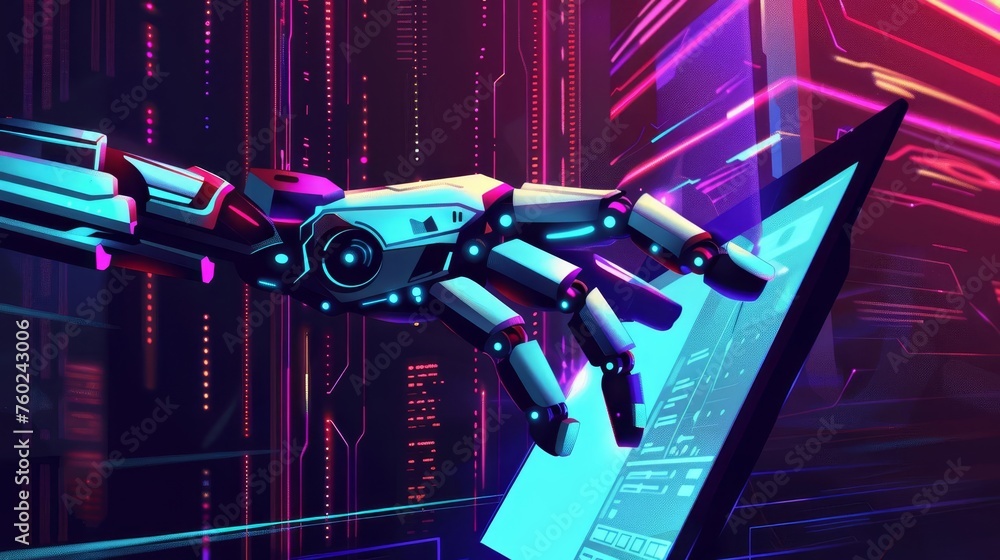 Poster robot hands pointing at laptop screen, artificial intelligence and chatbot technology concept digita