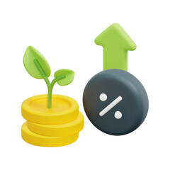 3d vector stacks of coins and percent sign with green up arrow icon. Isolated on white background. 3d banking, business and finance concept. Cartoon minimal style. 3d icon vector render illustration.