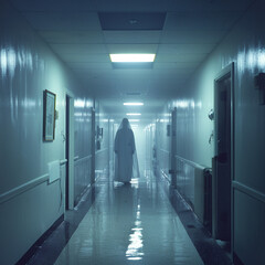  Emergency room, ghost doctor through doorway, backlit, long shot, haunting solitude. - obrazy, fototapety, plakaty