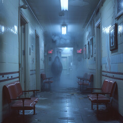 Emergency room, ghost doctor through doorway, backlit, long shot, haunting solitude. - obrazy, fototapety, plakaty