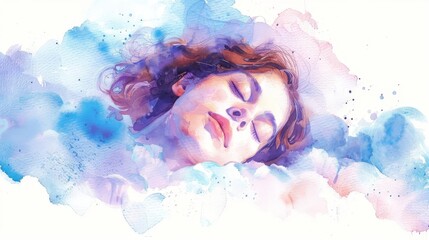 Serene woman peacefully slumbering on a fluffy cloud, dreamy watercolor illustration - obrazy, fototapety, plakaty