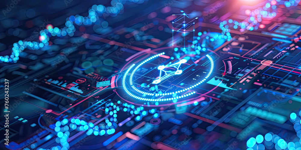 Poster background of dna connecting in hologram screen virtual interface science and innovation, digital te