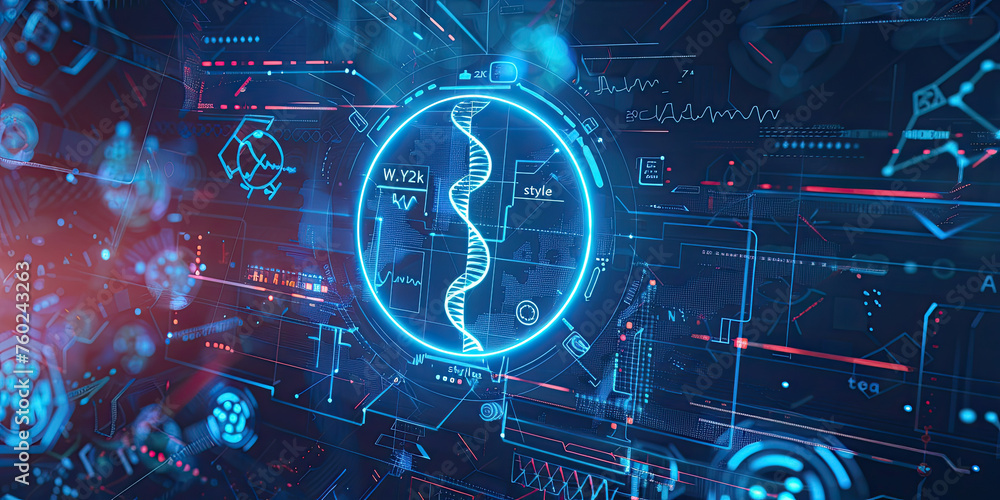 Poster background of dna connecting in hologram screen virtual interface science and innovation, digital te