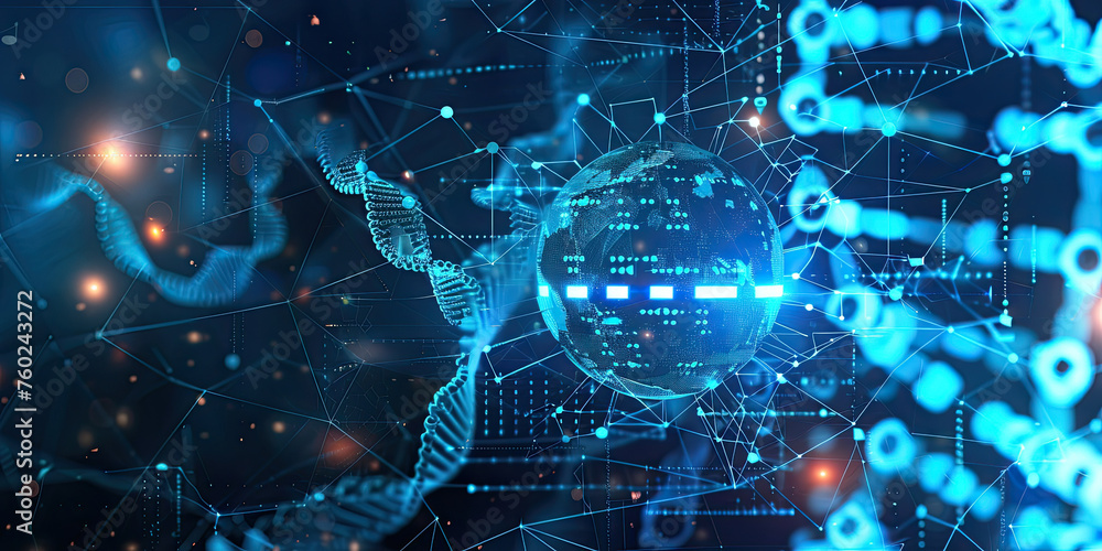 Poster background of dna connecting in hologram screen virtual interface science and innovation, digital te