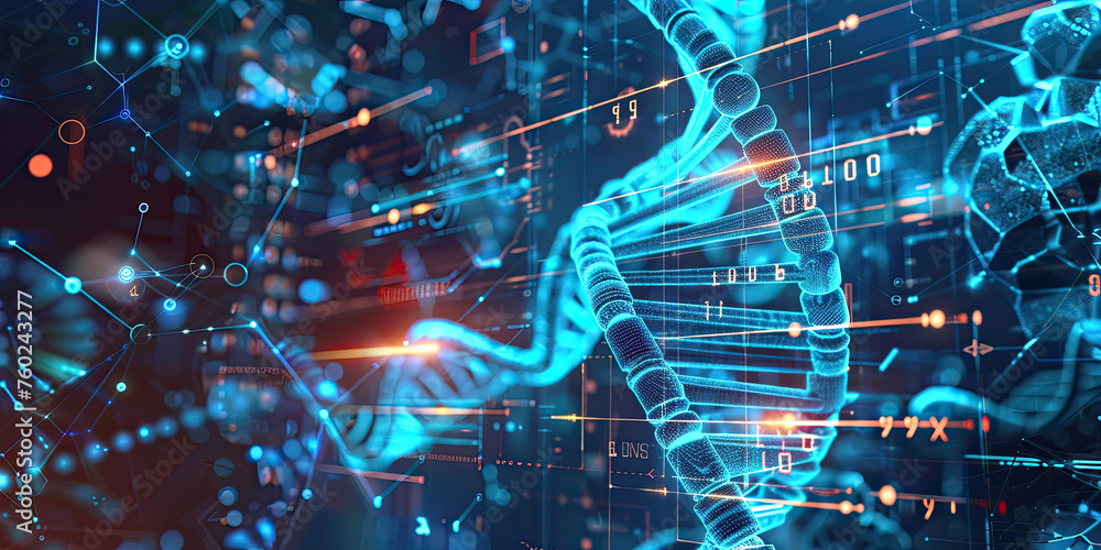 Poster background of dna connecting in hologram screen virtual interface science and innovation, digital te