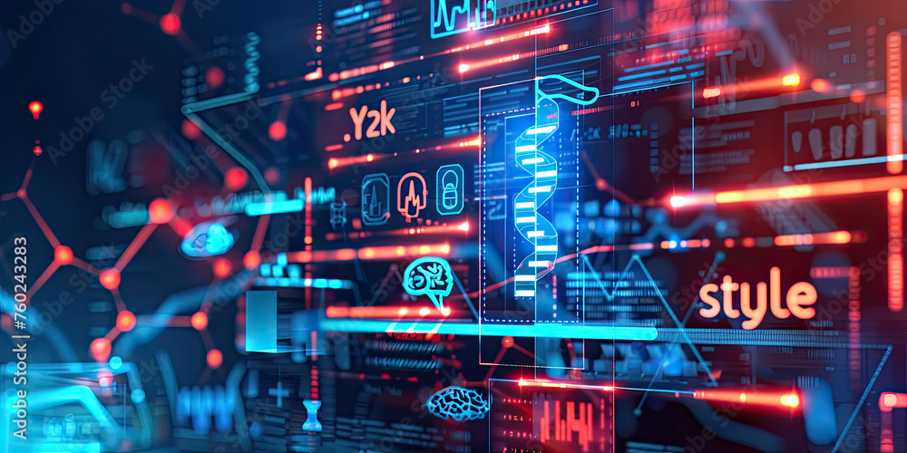 Poster background of dna connecting in hologram screen virtual interface science and innovation, digital te