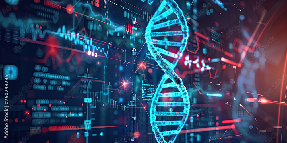 Poster background of dna connecting in hologram screen virtual interface science and innovation, digital te