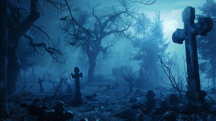 Spooky Halloween graveyard in dark, misty forest with dead trees and eerie moonlight
