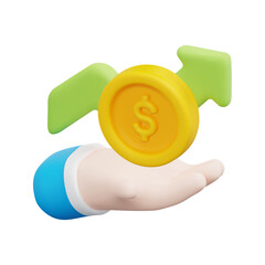 3d vector money saving on hand icon. Isolated on white background. 3d investment, business and finance concept. Cartoon minimal style. 3d investment icon vector render illustration.
