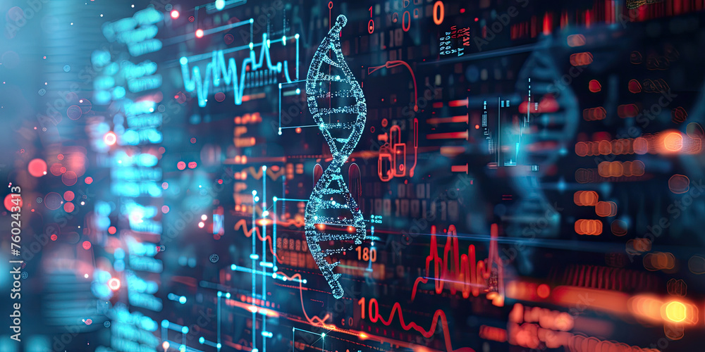 Poster background of dna connecting in hologram screen virtual interface science and innovation, digital te