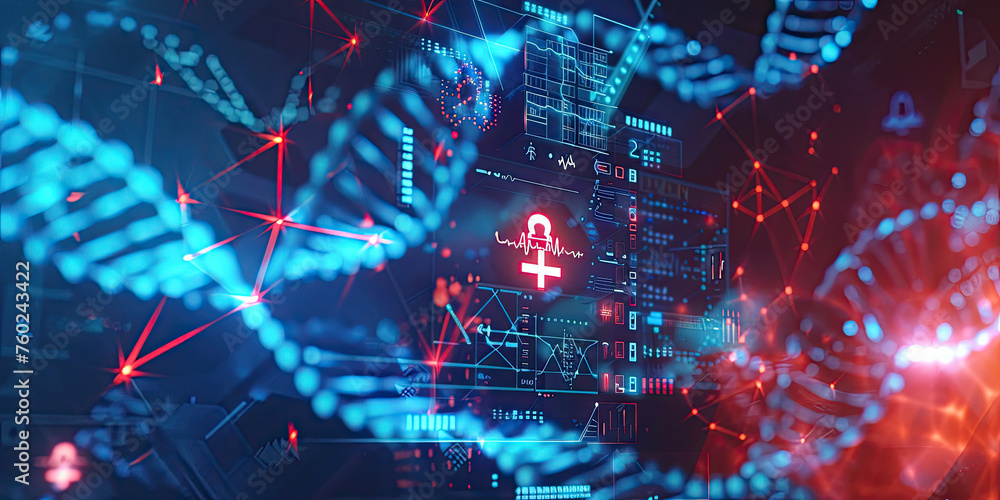 Poster background of dna connecting in hologram screen virtual interface science and innovation, digital te