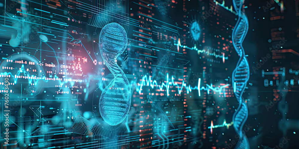 Poster background of dna connecting in hologram screen virtual interface science and innovation, digital te