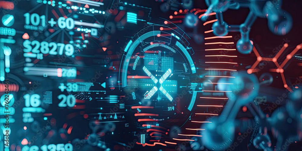 Poster background of dna connecting in virtual interface on future, science and innovation, digital technol
