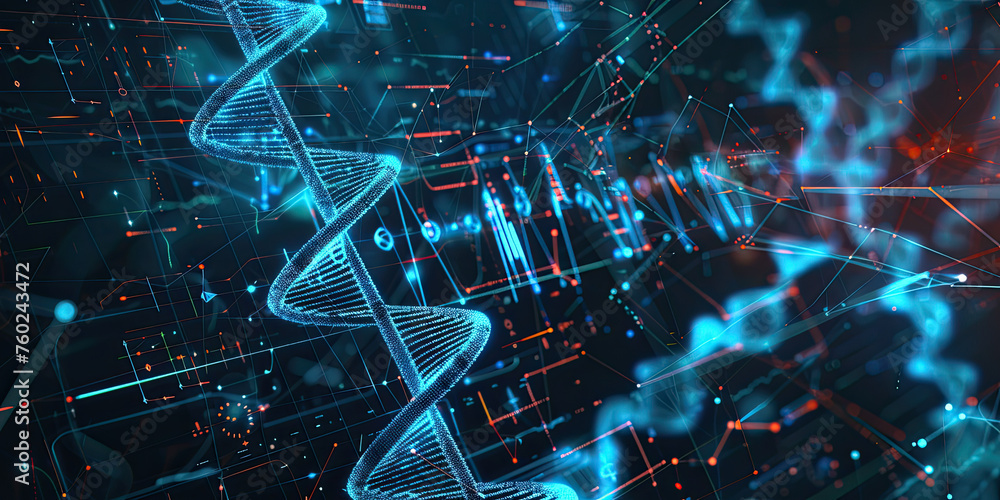 Poster background of dna connecting in virtual interface on future, science and innovation, digital technol