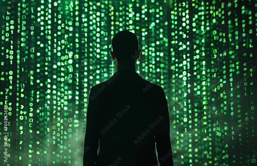 Wall mural silhouette of man in front of green matrix code background