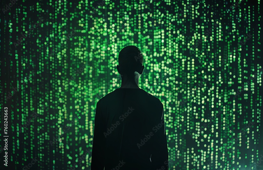 Wall mural silhouette of man in front of green matrix code background