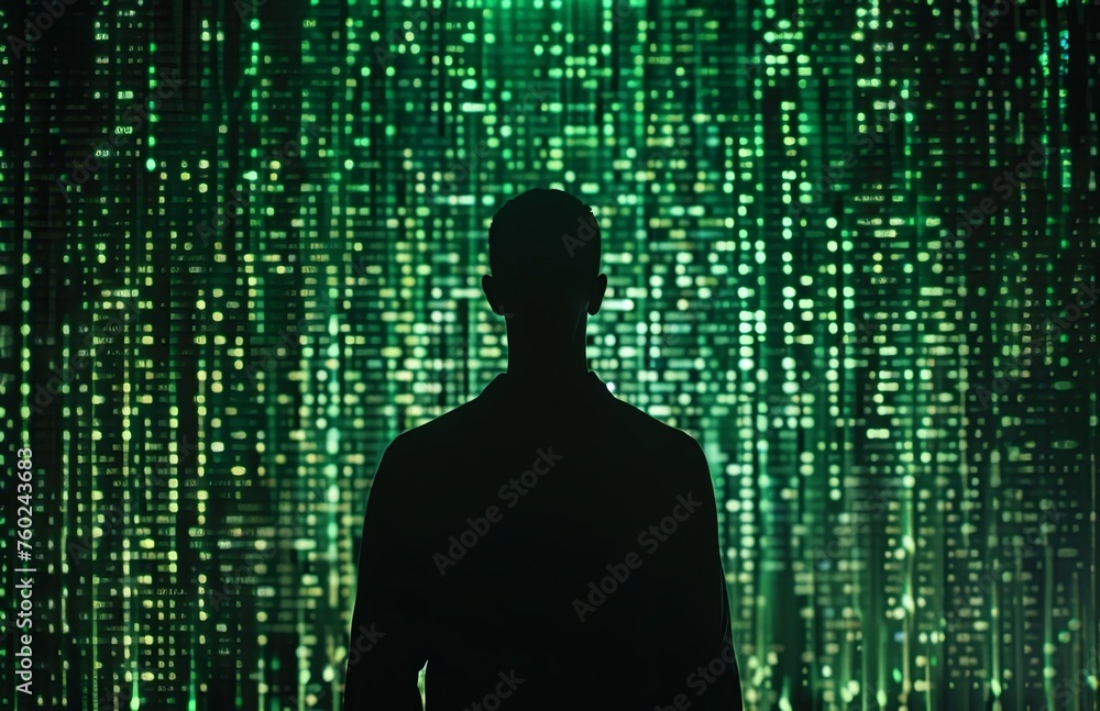 Wall mural silhouette of man in front of green matrix code background
