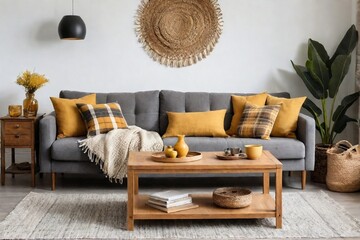 Stylish cozy boho living room interior design with freshly bright color tones.